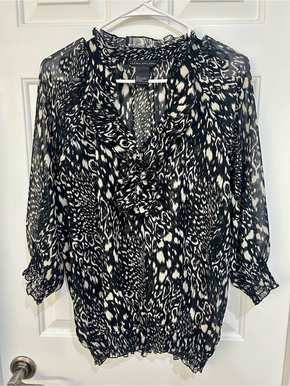Elena Solano Black & White Ruffle V-Neck Blouse, Size L
